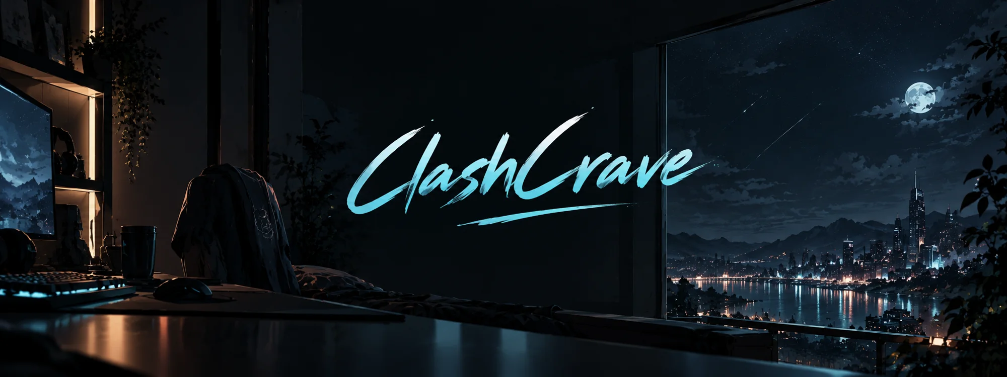 ClashCrave banner: a dark gaming room overlooking a city at night