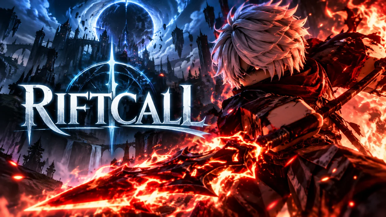 Riftcall thumbnail: a white-haired Roblox character with a flaming blade in front of a dark castle and a glowing rift